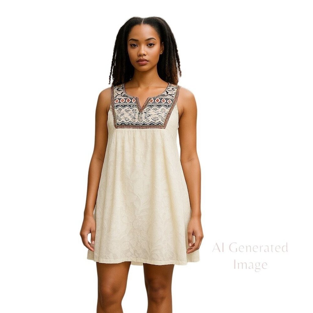 FLYING TOMATO  Ivory Sleeveless Lace Overlay Boho Aztec Neckline Dress Sz Large